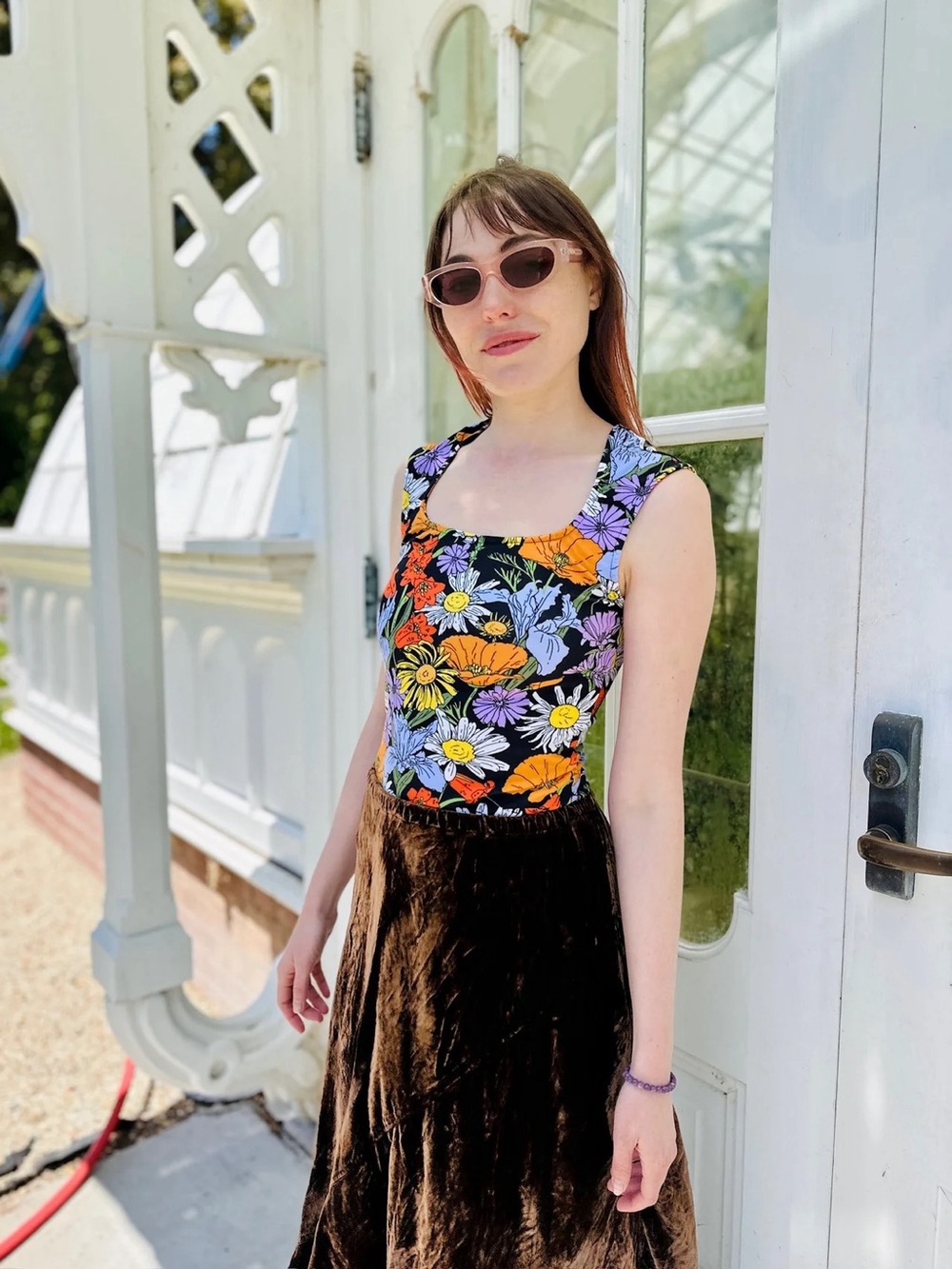 Nooworks Black Floral Square-Neck Tank Top with Orange, Yellow & Lavender Bloom
